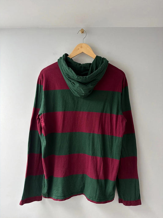 Men’s Ralph Lauren Stripped Hooded Rugby Top In Burgundy/Green - Medium - 2682