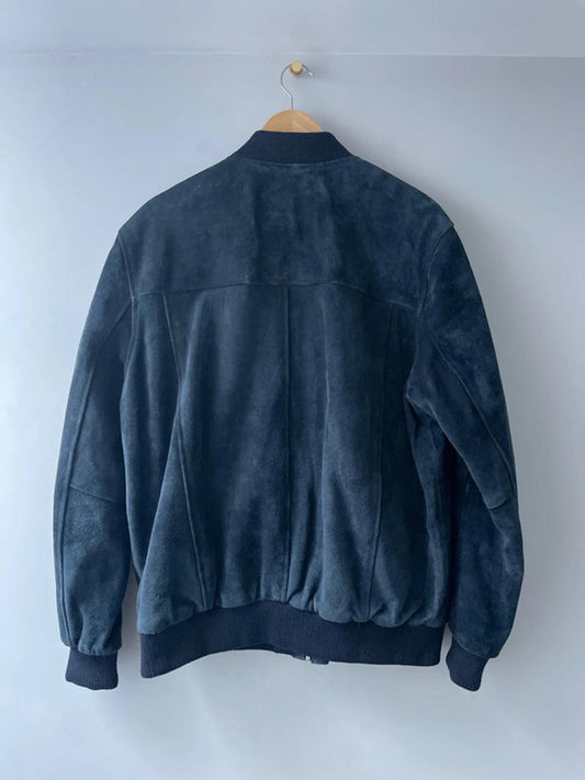 Men’s Premium Leather Bomber Jacket Coat In Navy - Large - 2661