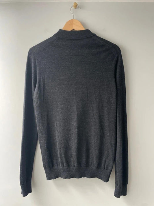 Men’s Reiss 100% Merino Wool Long Sleeve Knitted Polo Top In Grey - Small - 2904