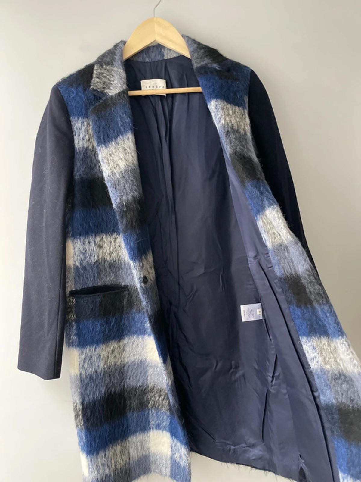 Women’s Sandro Paris Premium Mohair Check Coat Jacket In Navy - UK12 - 2371