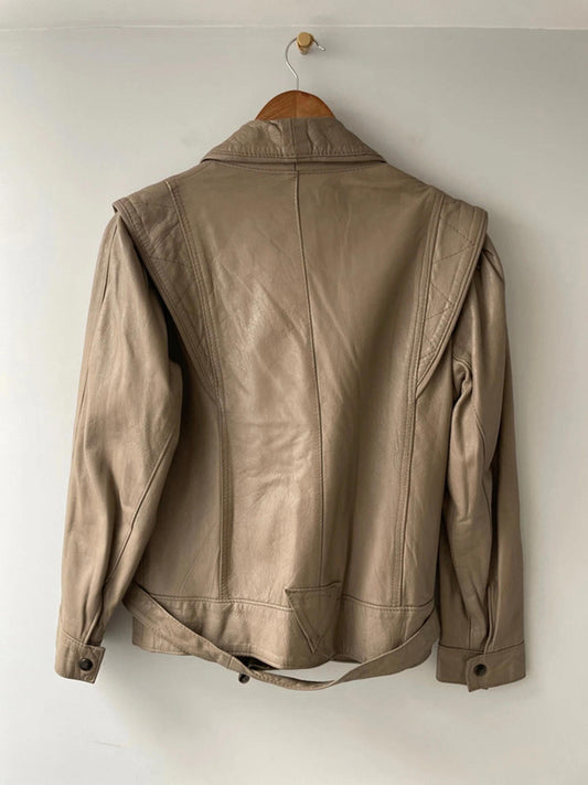 Women’s Premium Leather Vintage Jacket Coat With Belt In Beige - Small - 2426
