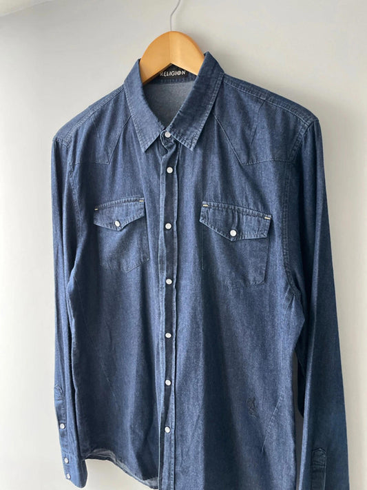 Men’s Religion Slim Fit long sleeve denim shirt with chest pocket - Large - 0041