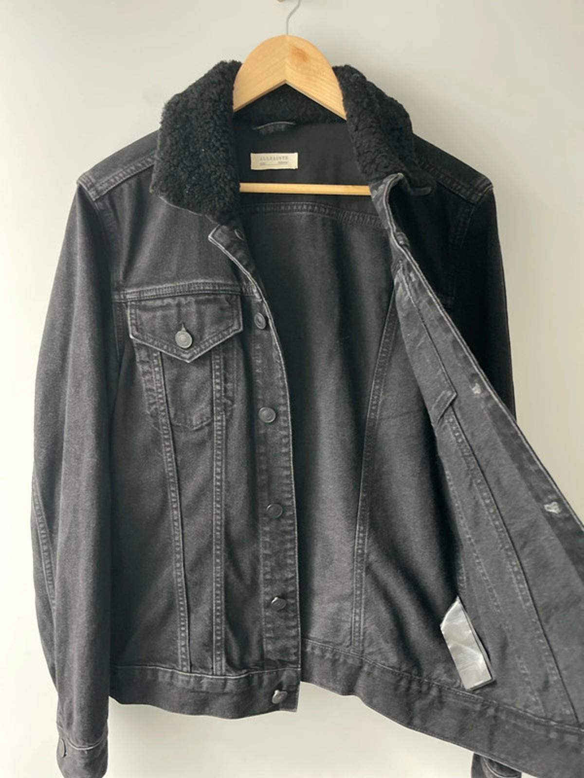 Women’s AllSaints Imoku Denim Jacket with Borg Collar In Black - Medium - 2327