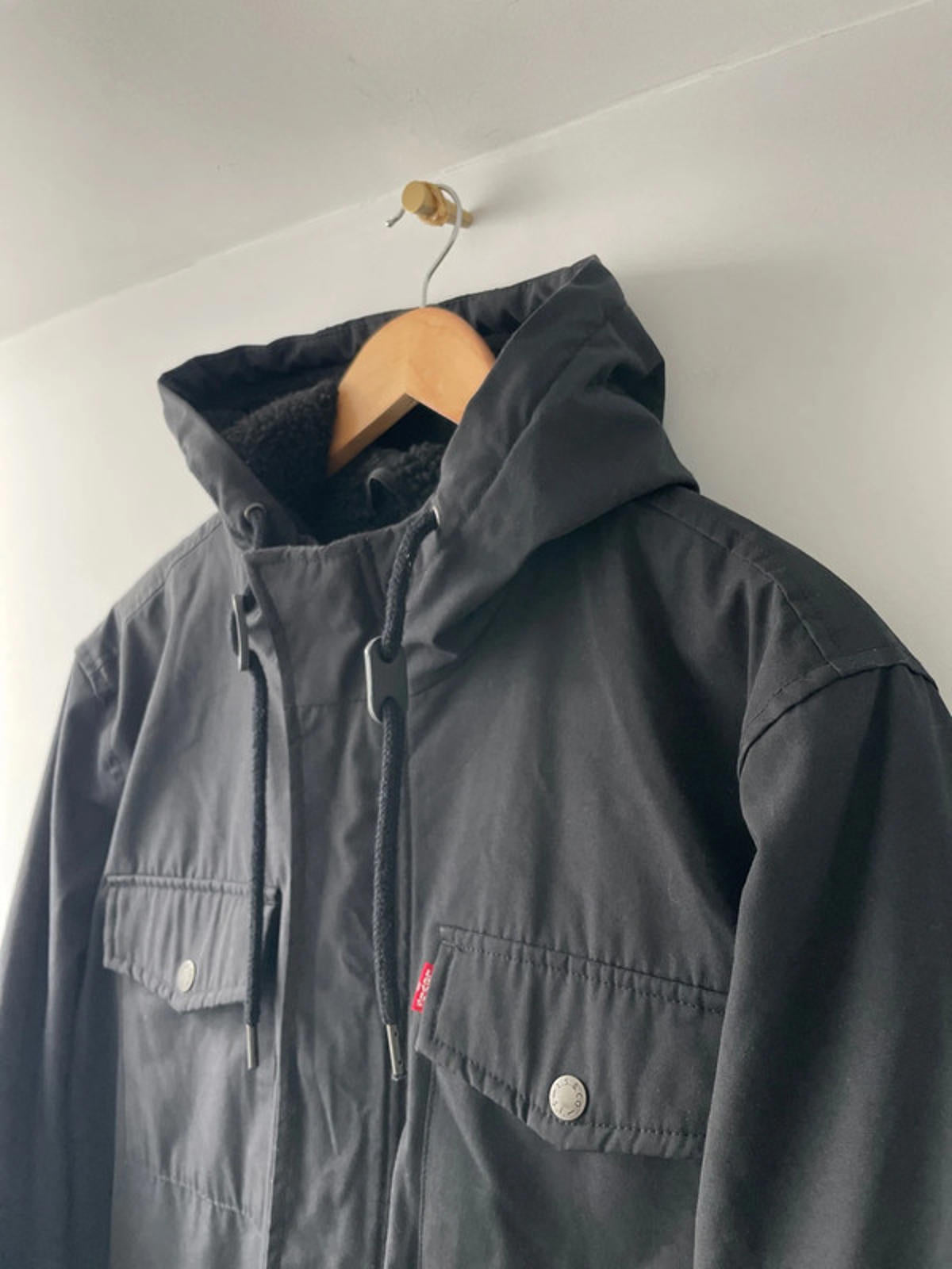 Men’s Levi’s Borg Lined Water Resistant Hooded Parka Jacket In Black - Large - 2399