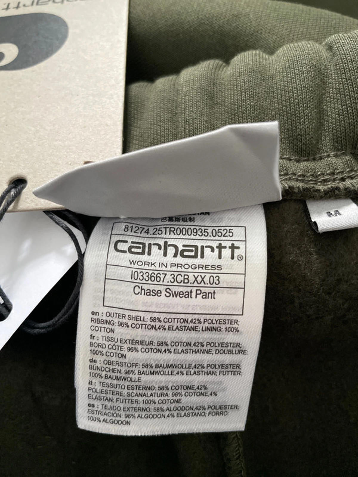 Men’s Carhartt WIP Chase Joggers with Hidden Draw String In Olive/Gold - Medium - 2414