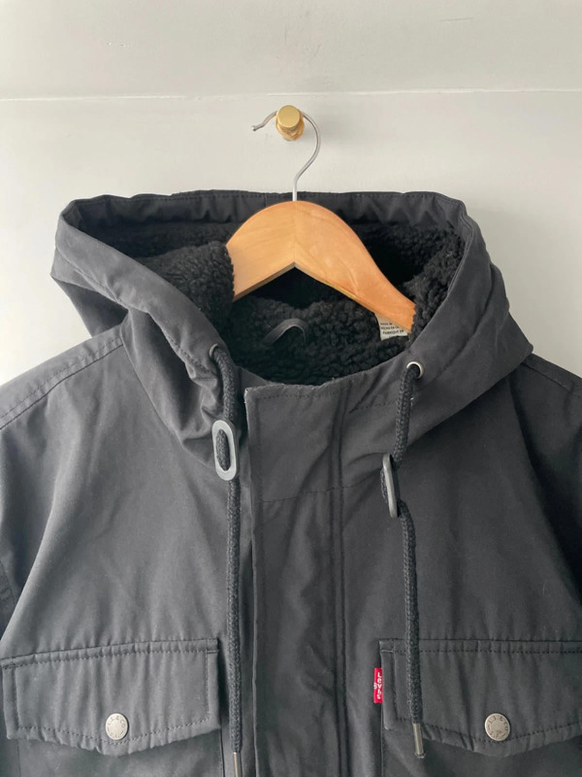 Men’s Levi’s Borg Lined Water Resistant Hooded Parka Jacket In Black - Large - 2399