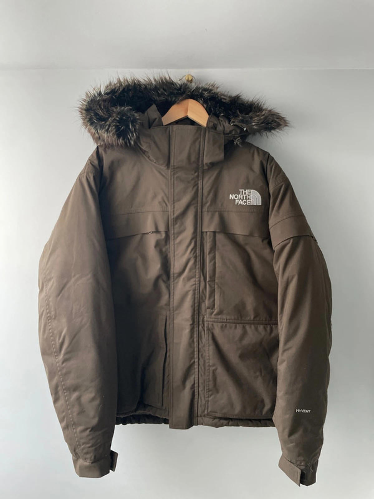 Men’s The North Face HyVent Goose Down Lined Faux Fur Trim Jacket In Brown - Large - 2398
