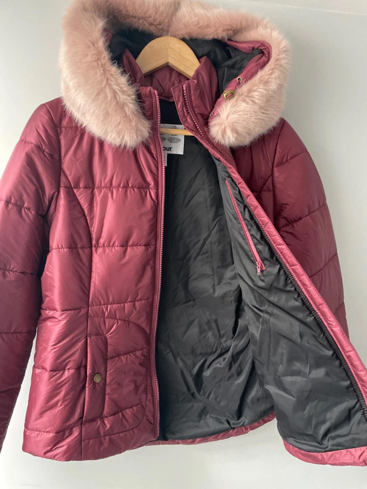 Women’s Barbour Dover Quilted Faux Fur Lined Hooded Puffer Jacket In Pink - UK12 - 2397