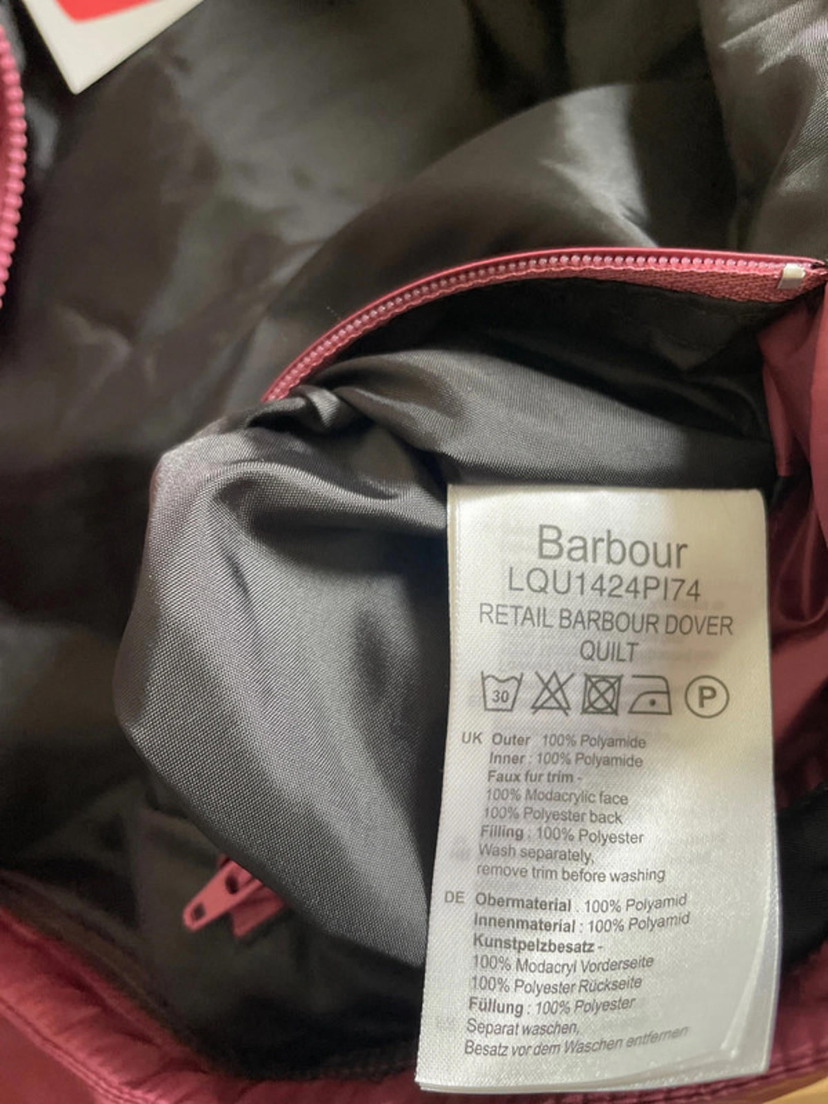 Women’s Barbour Dover Quilted Faux Fur Lined Hooded Puffer Jacket In Pink - UK12 - 2397