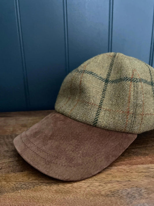 Unisex Olney Wool Tweed Checked & Suede Peak Cap In Green - Large - 2862