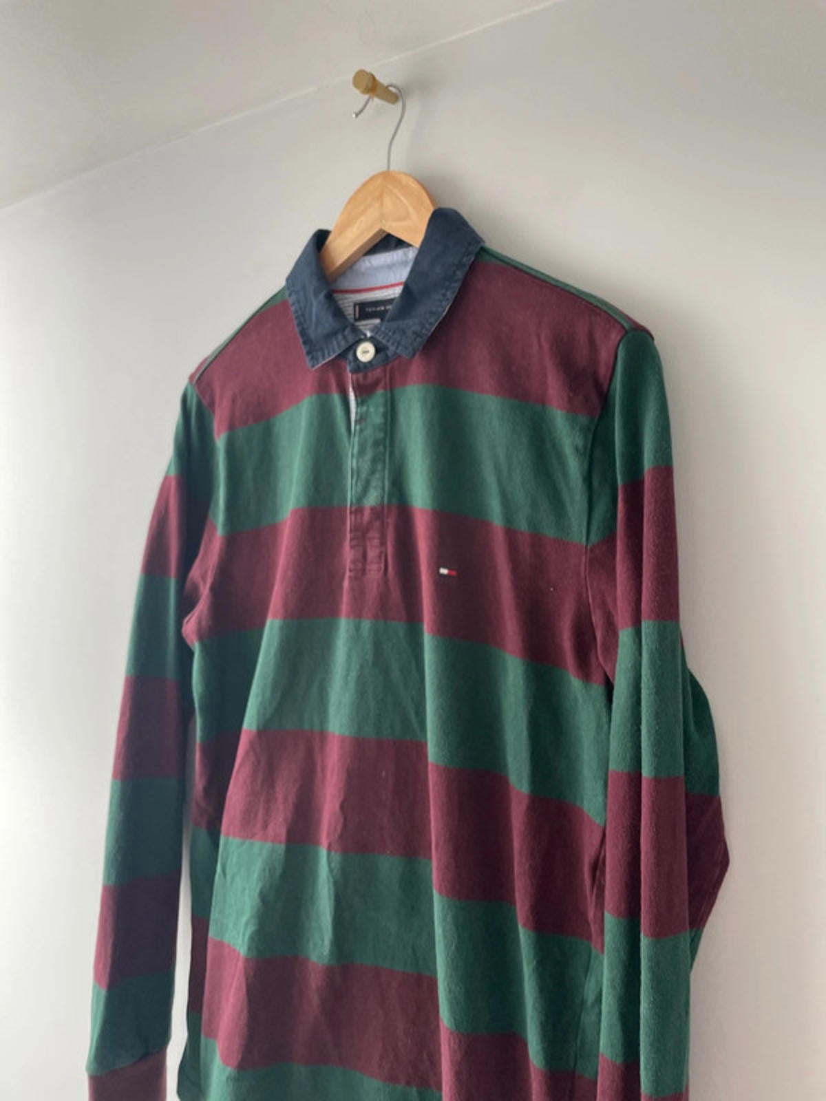 Men’s Tommy Hilfiger Long Sleeve Stripped Rugby Polo Top In Burgundy - Medium - 2001
