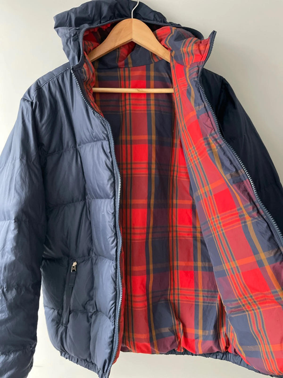 Boys The North Face Checked Padded Hooded Puffer Jacket In Red/Blue - XL- 2374