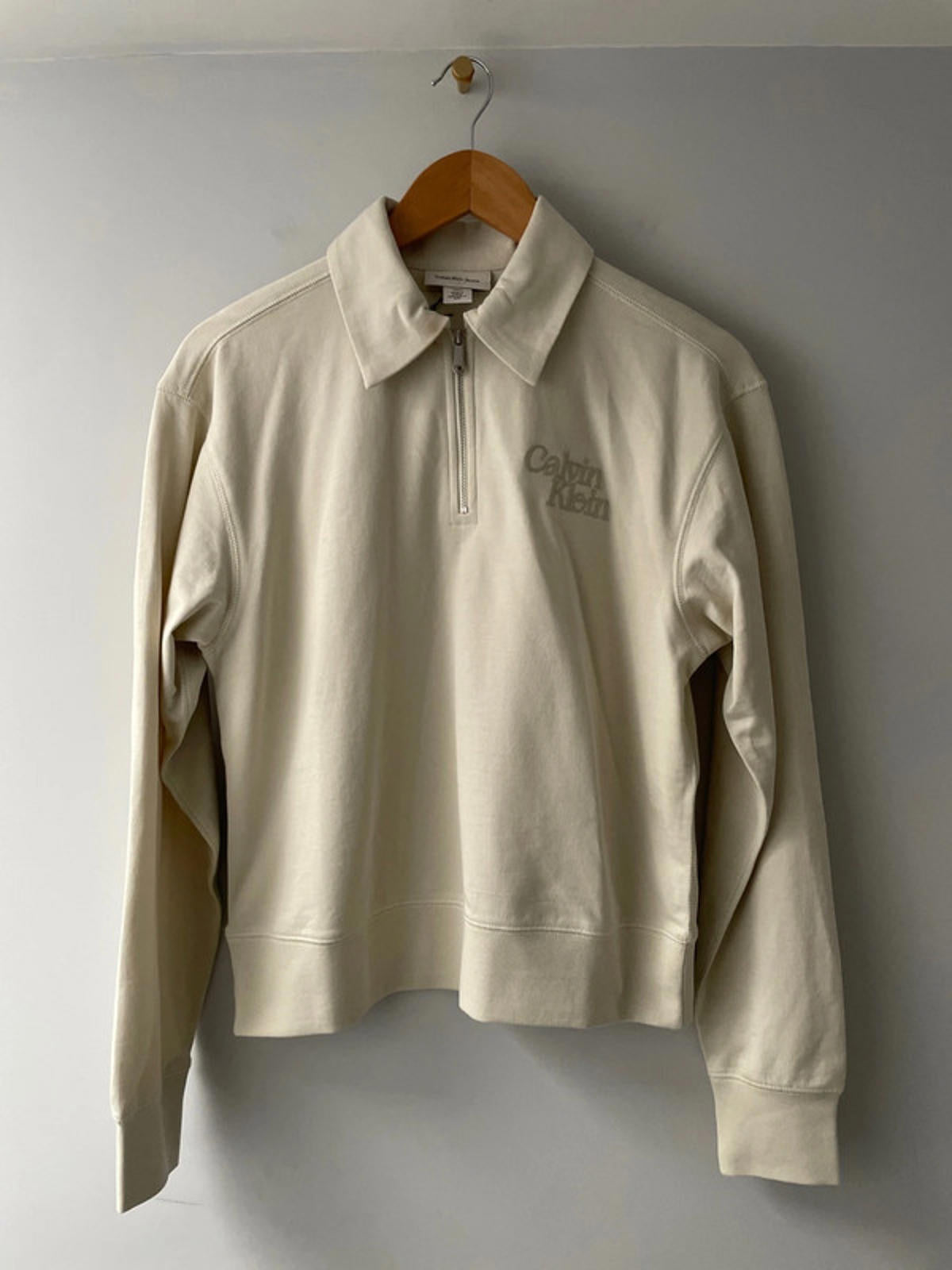 Mens Calvin Klein 1/4 Zip Rugby Polo Sweatshirt In Cream - Small- 2326