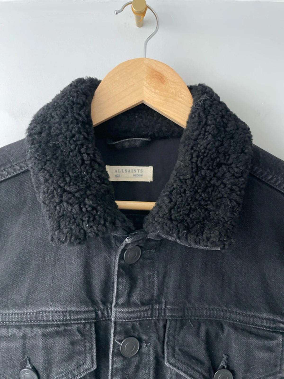Women’s AllSaints Imoku Denim Jacket with Borg Collar In Black - Medium - 2327