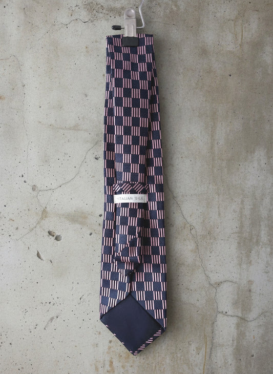 Unisex Vintage 100% Italian Silk Tie In Navy and Purple Checkered Pattern - 3843