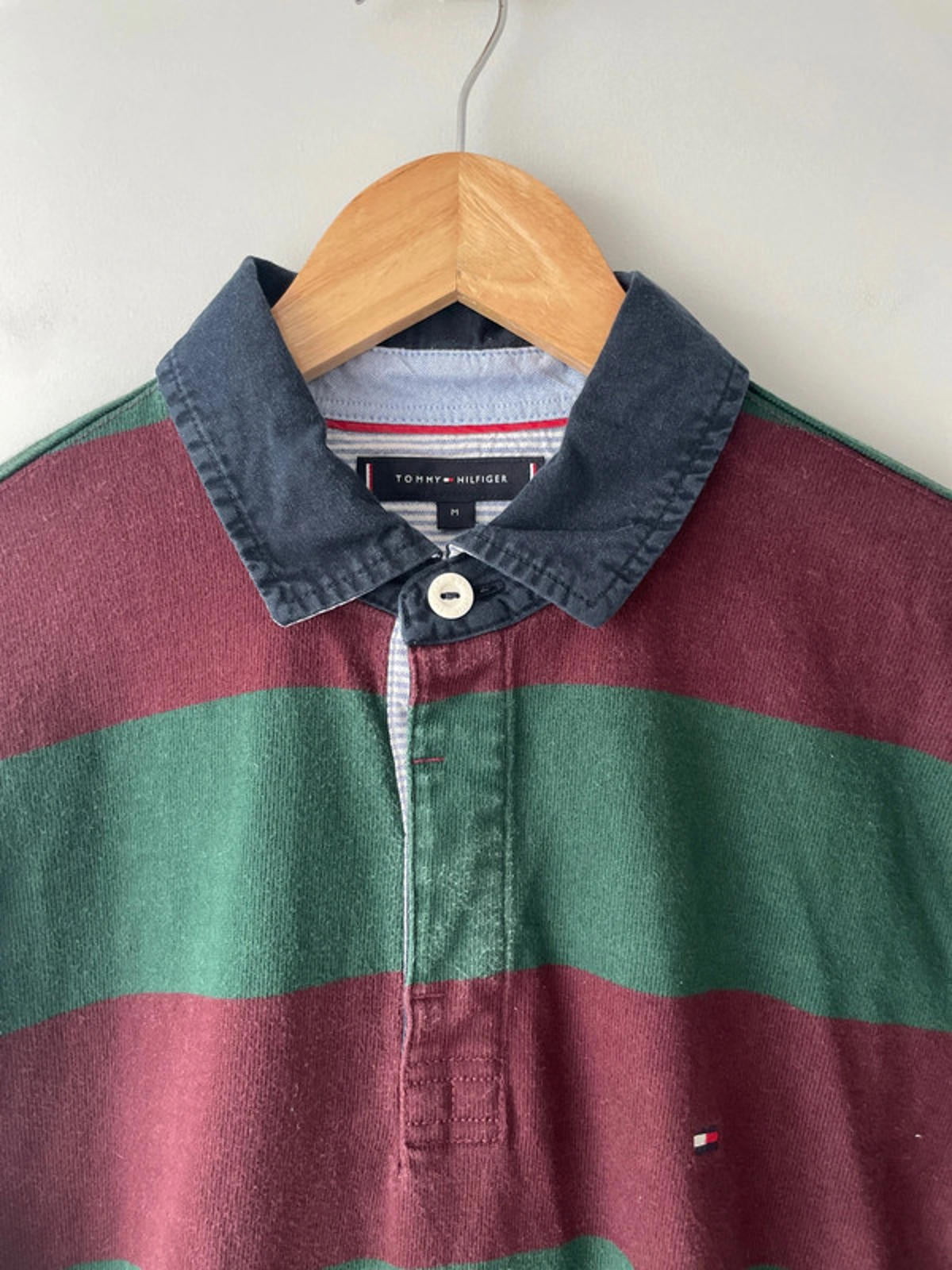Men’s Tommy Hilfiger Long Sleeve Stripped Rugby Polo Top In Burgundy - Medium - 2001