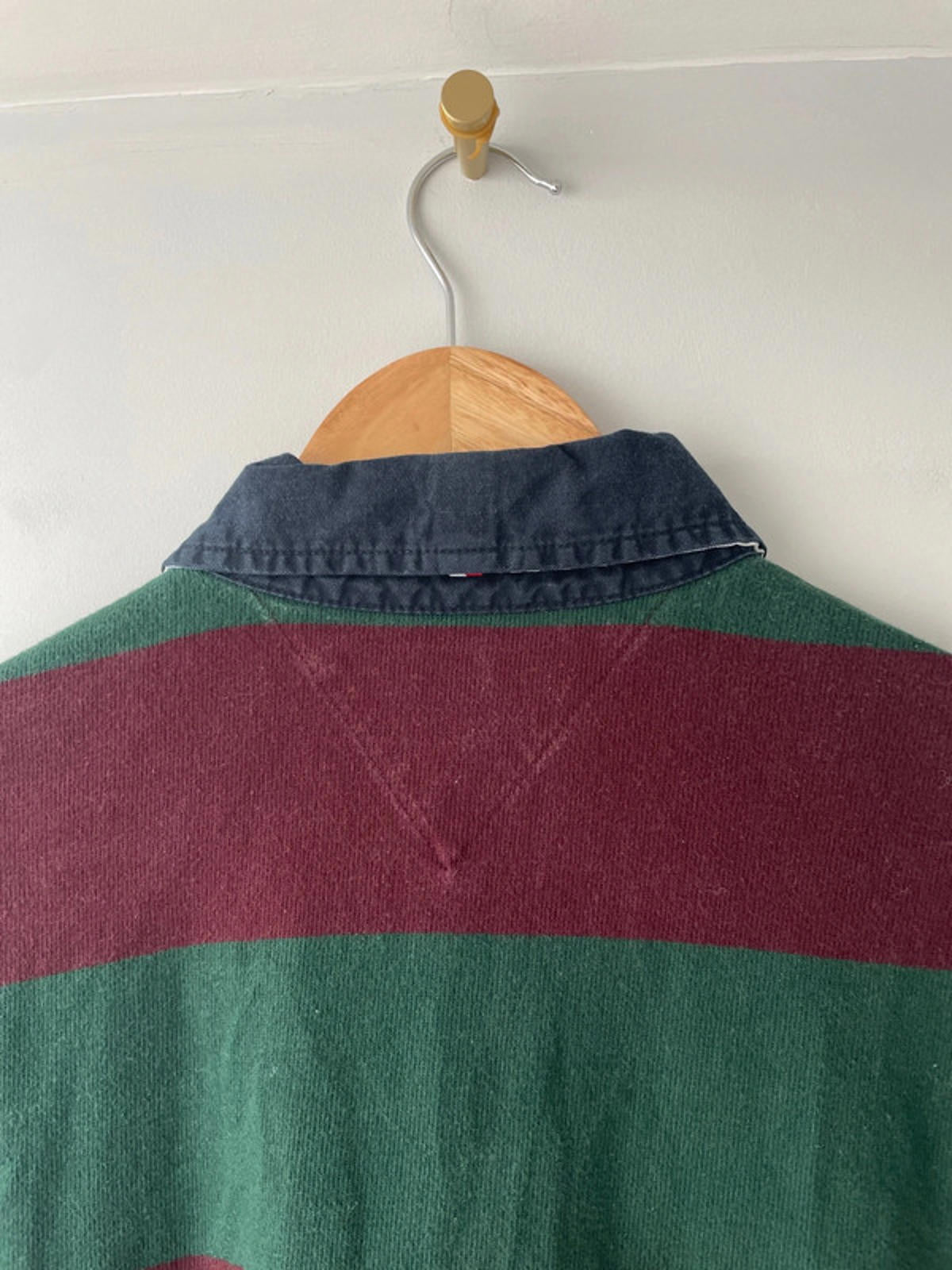 Men’s Tommy Hilfiger Long Sleeve Stripped Rugby Polo Top In Burgundy - Medium - 2001