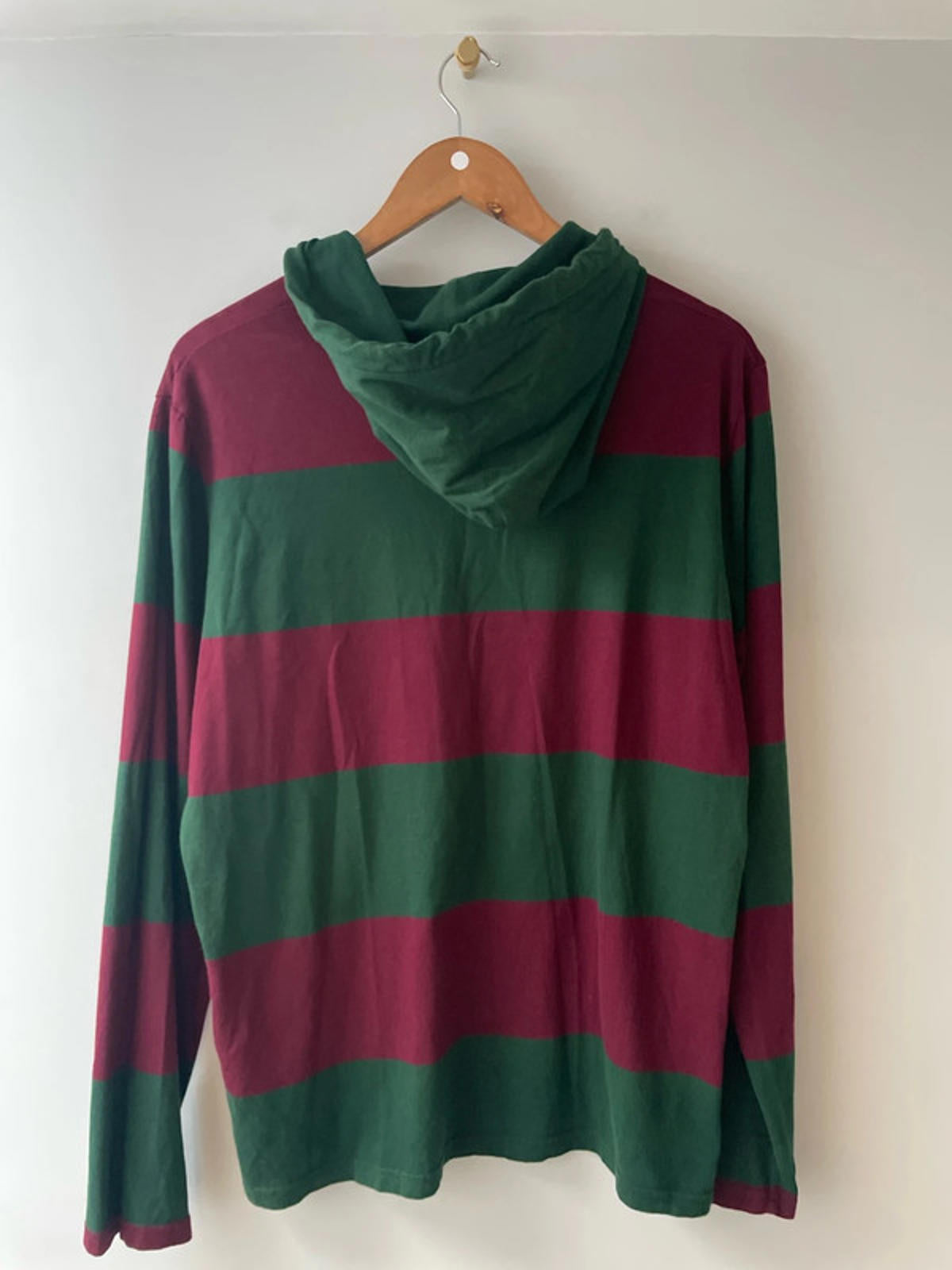 Men’s Ralph Lauren Stripped Hooded Rugby Shirt Top In Burgundy/Green - Medium - 2532