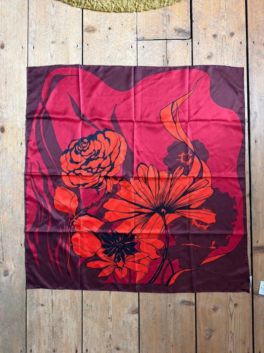 Valentino 100% Silk Floral Print Headscarf Bandanna In Burgundy - 3340