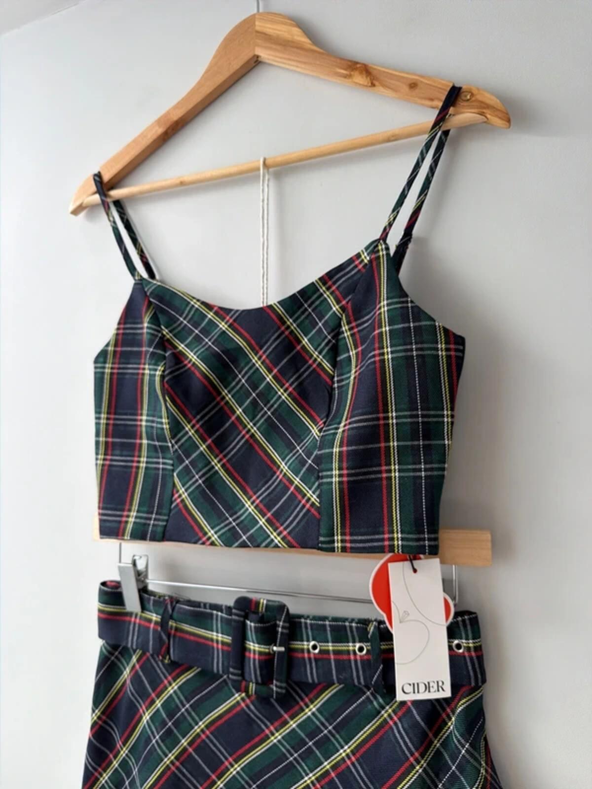 Women’s Cider check 2 piece belted mini skirt and top set - xsmall