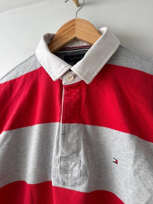Men’s Tommy Hilfiger stripped long sleeve rugby polo top In red - Large - 3467