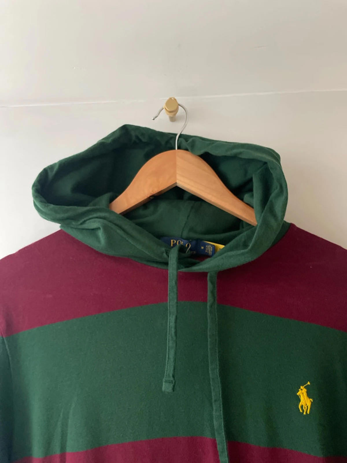 Men’s Ralph Lauren Stripped Hooded Rugby Shirt Top In Burgundy/Green - Medium - 2532