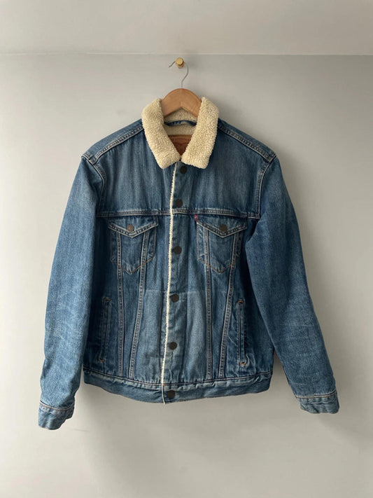 Men's Levi's Denim Trucker Jacket Coat With Borg Lining In Navy - Medium - 2403