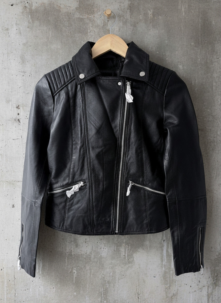 Women’s Barneys Originals Real Leather Biker Jacket In Black - Uk6 - 3714
