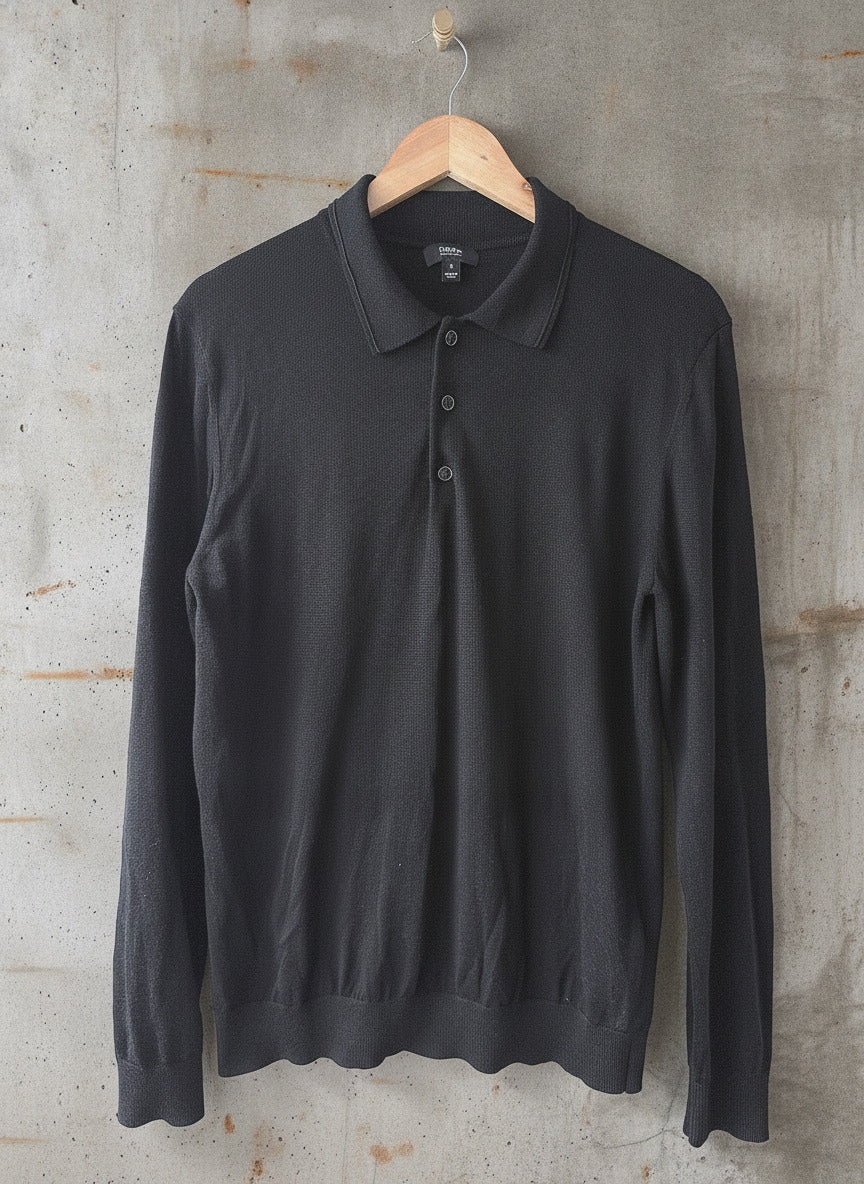 Men’s Reiss Premium Merino Wool Long Sleeve Polo Shirt Top In Black - Medium - 3646