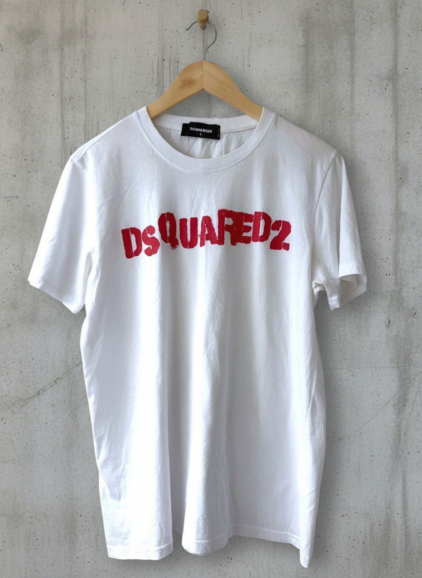 Women’s Dsquared2 White T-Shirt with Red Logo Print Made in Italy - Large - 3774