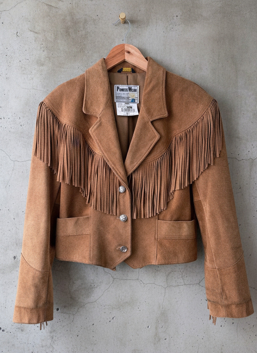 Womens Pioneer Wear Vintage Premium Genuine Leather Fringe Jacket In Tan - Uk10 - 3606
