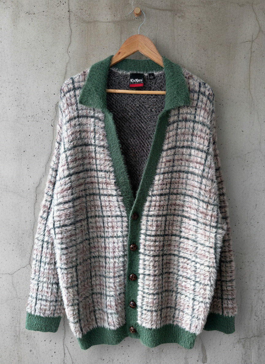 Men’s Kickers Oversized Fit Fluffy Texture Plaid Cardigan - Large - 3813