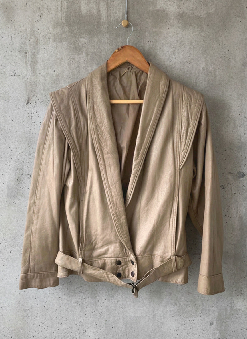 Women’s Premium Leather Vintage Jacket Coat With Belt In Beige - Small - 2426