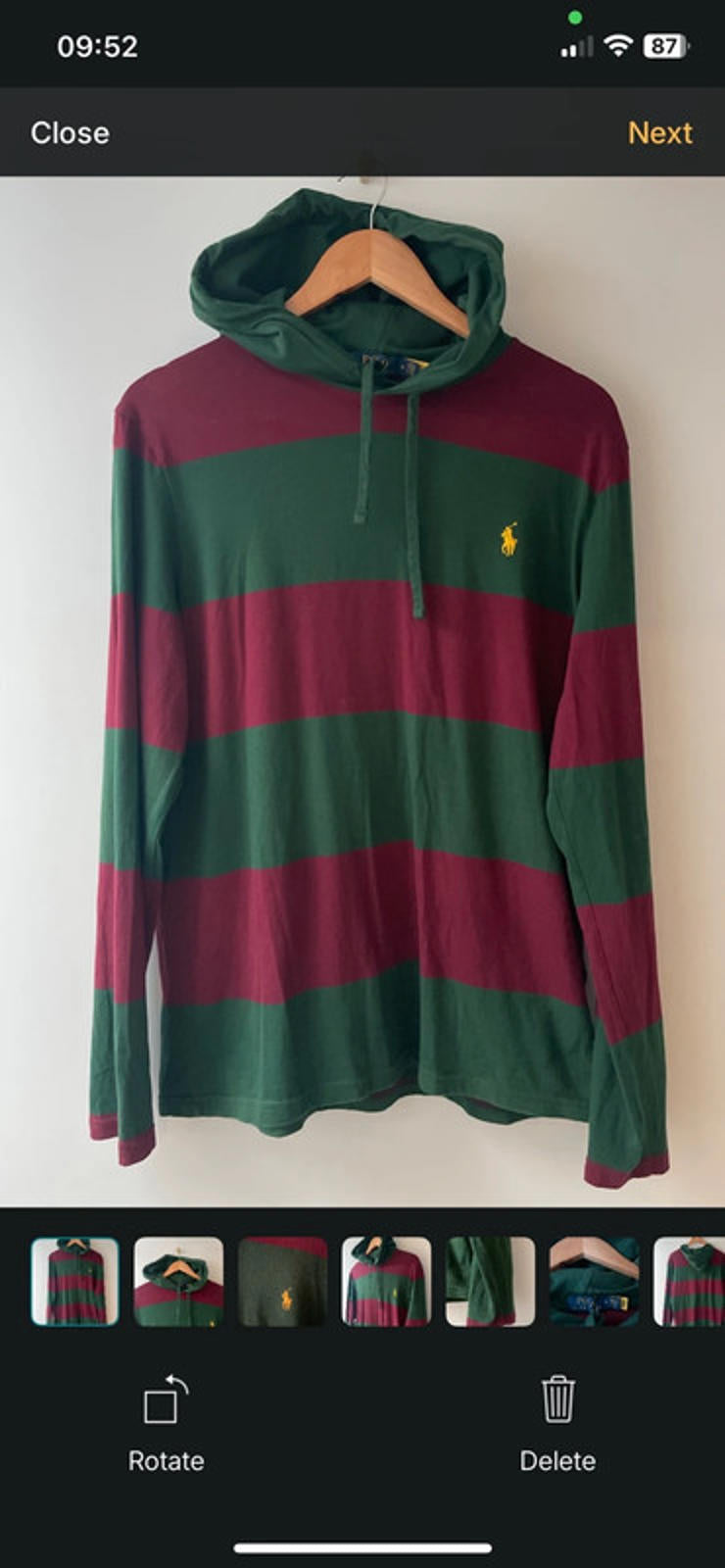 Men’s Ralph Lauren Stripped Hooded Rugby Shirt Top In Burgundy/Green - Medium - 2532