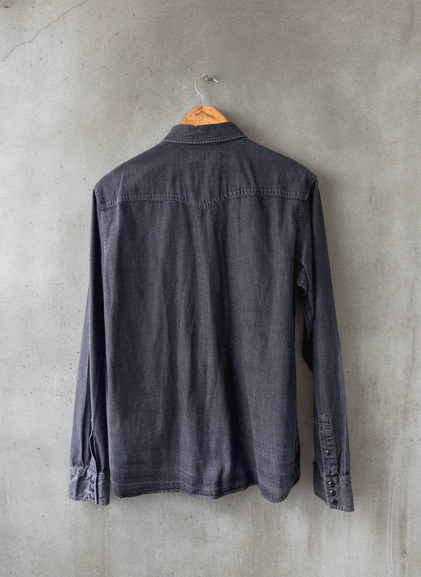 Men’s Allsaints Western Style Washed Denim Chambray Shirt In Black - Small - 1968