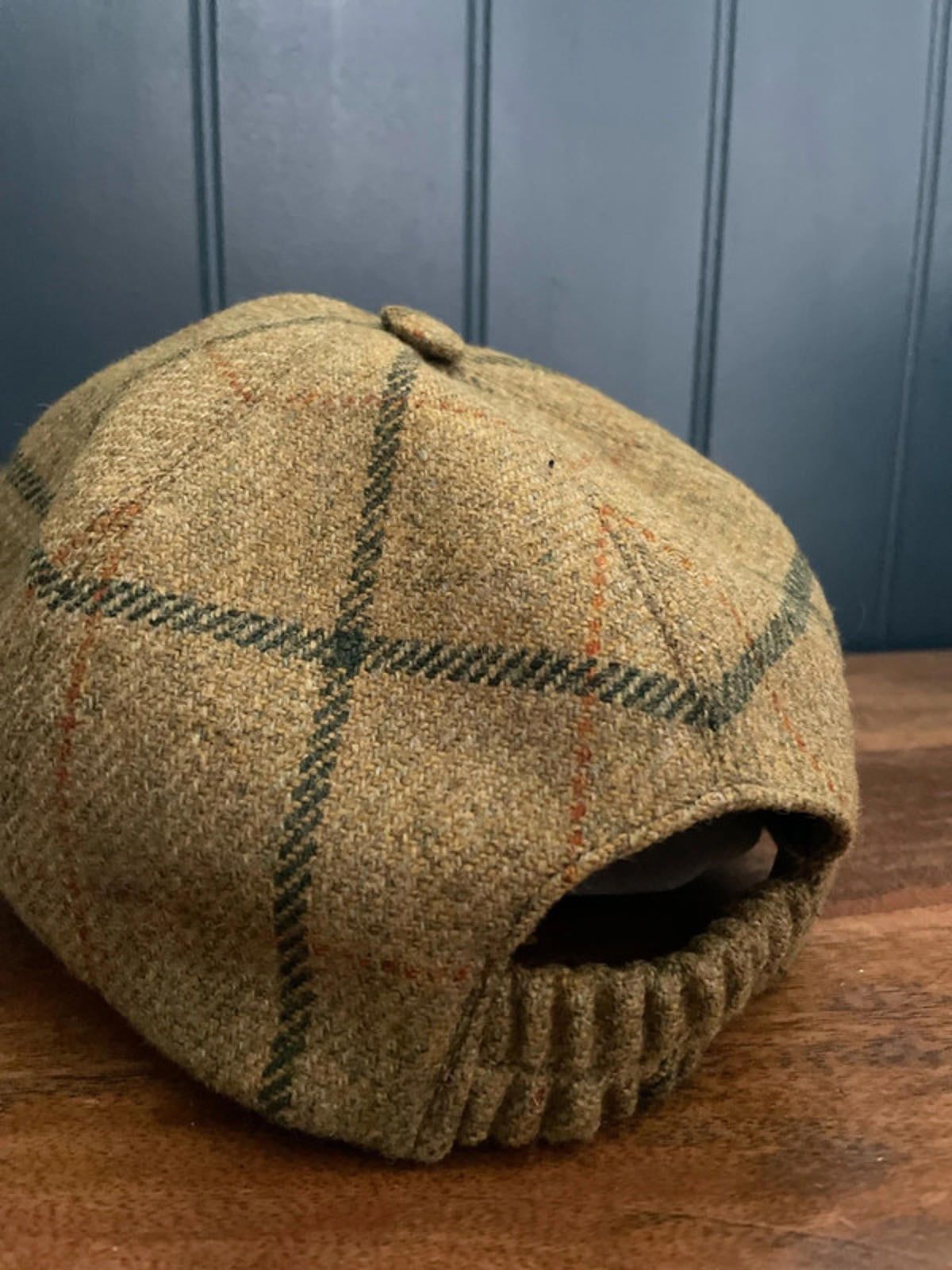 Unisex Olney Wool Tweed Checked & Suede Peak Cap In Green - Large - 2862
