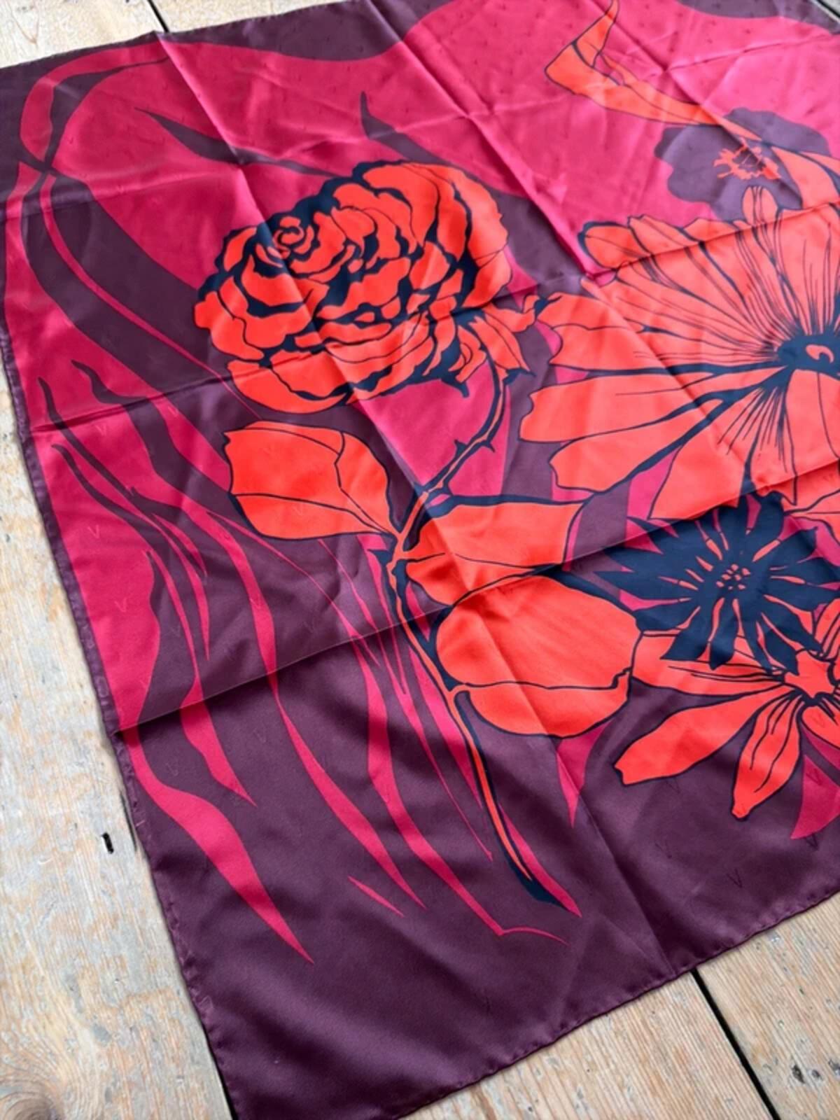Valentino 100% Silk Floral Print Headscarf Bandanna In Burgundy - 3340