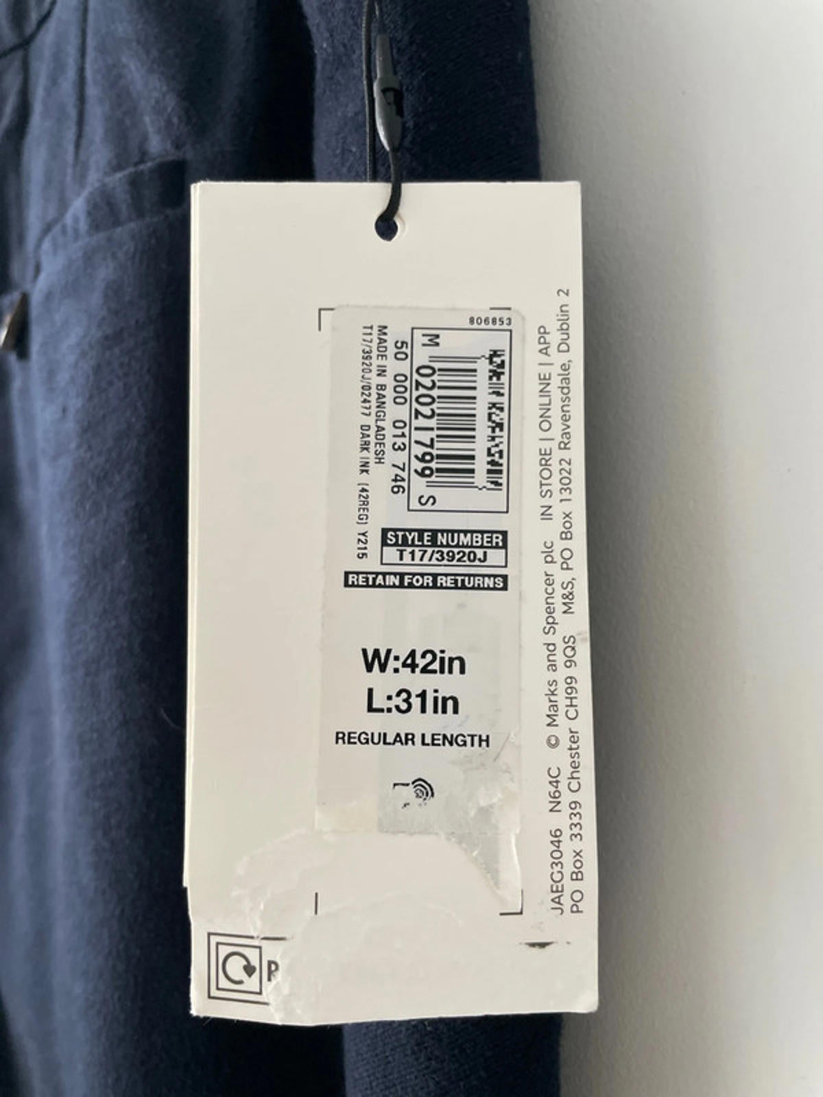 Men’s Jaeger Tapered Fit Trouser In Navy Blue - W42/L31 - 2550