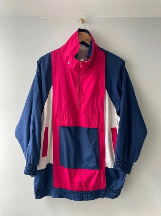 Women’s Kay’s Vintage Oversized Fit Windbreaker Anorak Jacket In Pink/Navy - Medium - 2315