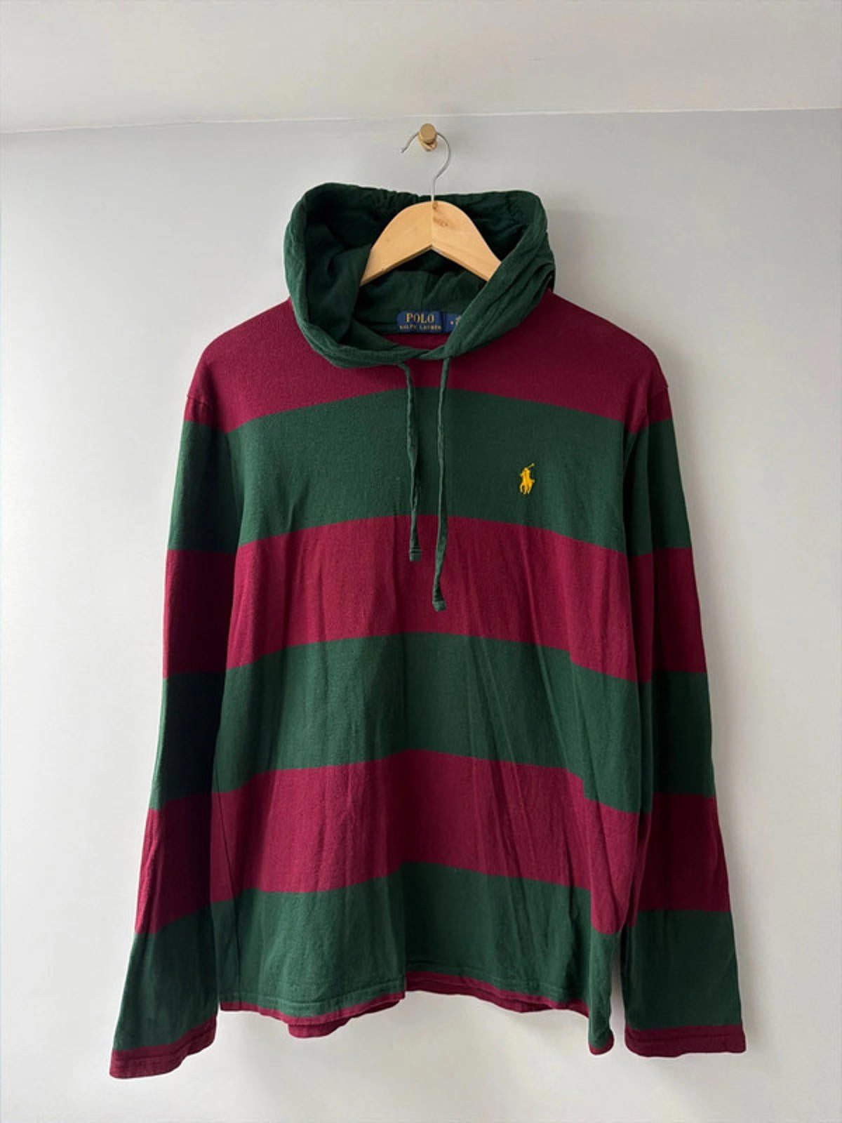 Men’s Ralph Lauren Stripped Hooded Rugby Top In Burgundy/Green - Medium - 2682