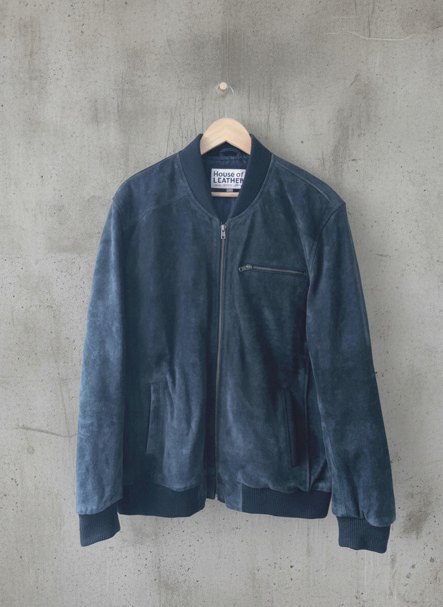 Men’s Premium Leather Suede Bomber Jacket Coat In Navy - Large - 2661
