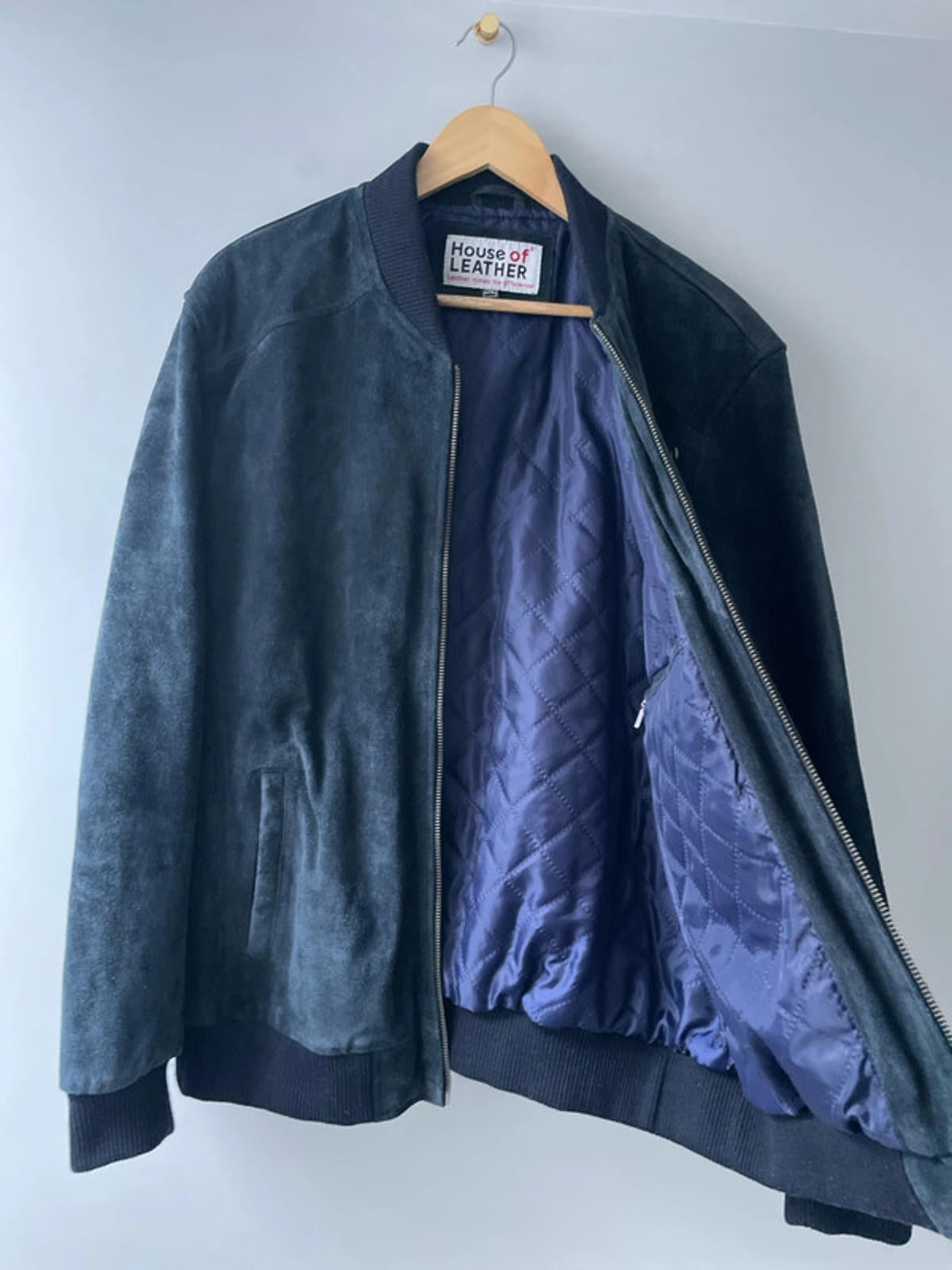 Men’s Premium Leather Bomber Jacket Coat In Navy - Large - 2661