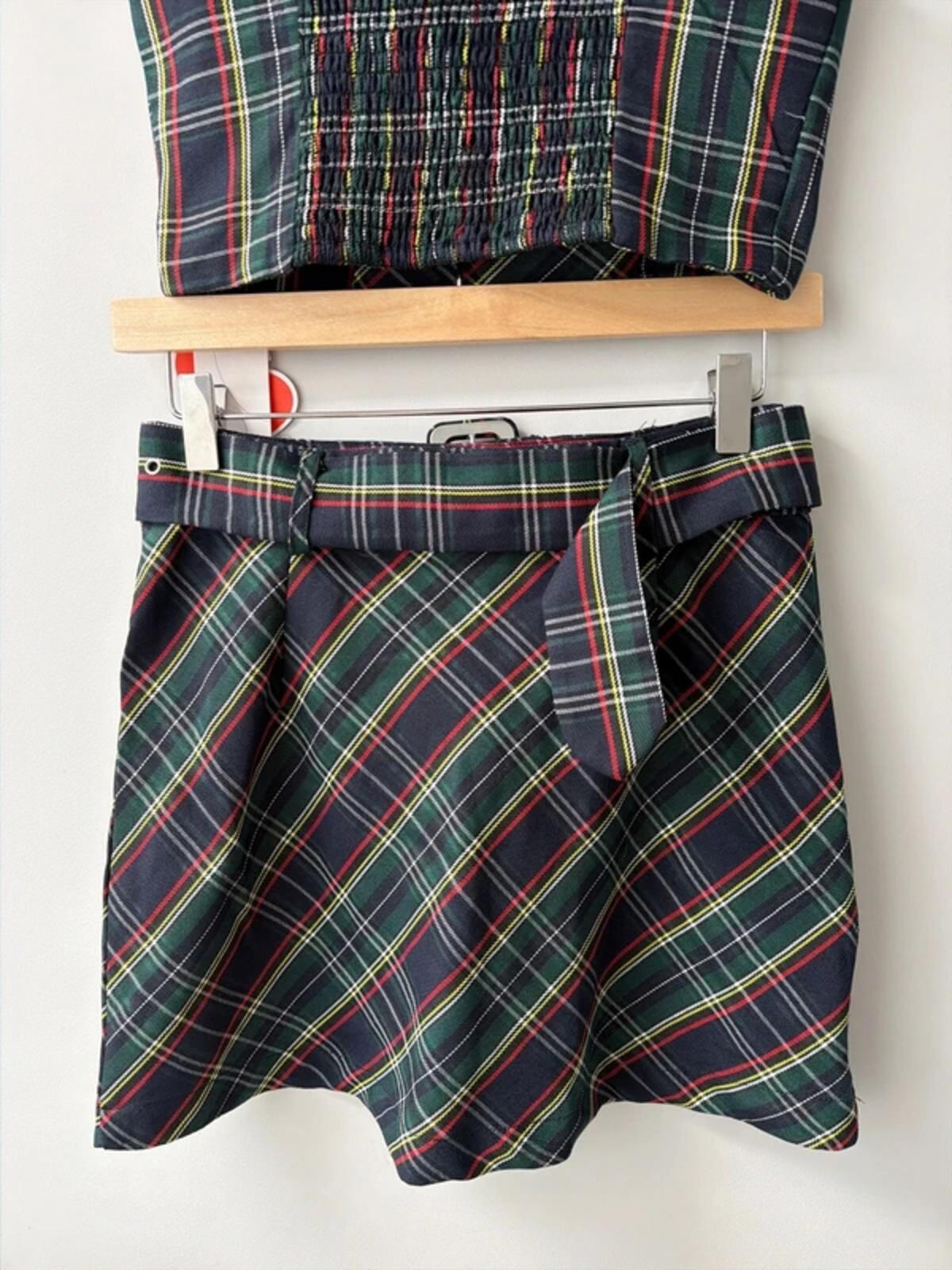 Women’s Cider check 2 piece belted mini skirt and top set - xsmall