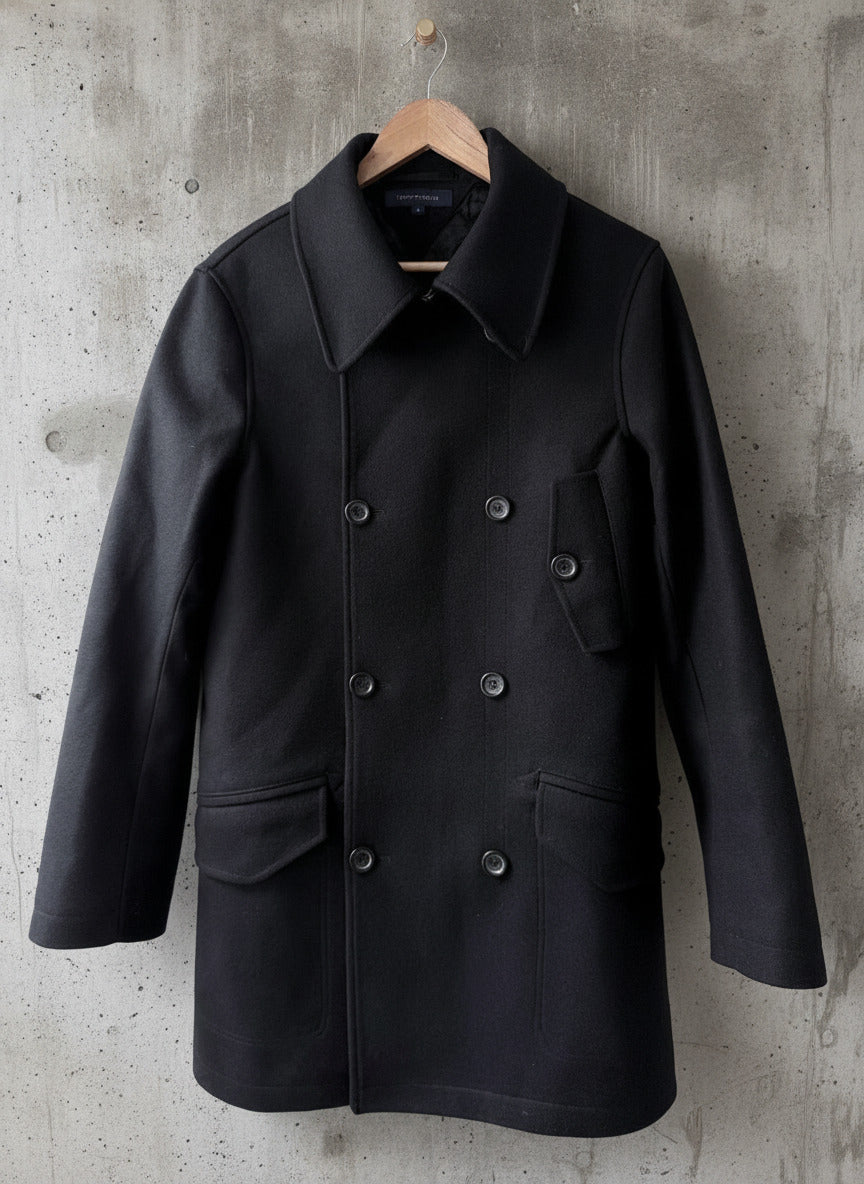 Men’s Tommy Hilfiger Wool Double Breasted Peacoat Jacket In Black - Medium -3805