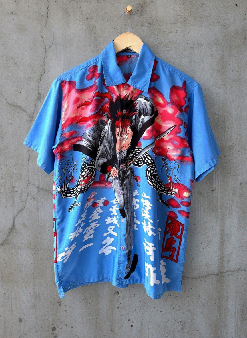 Mens James Darby Nottingham Samurai Graphic Short Sleeve Shirt In Blue - Medium - 3603