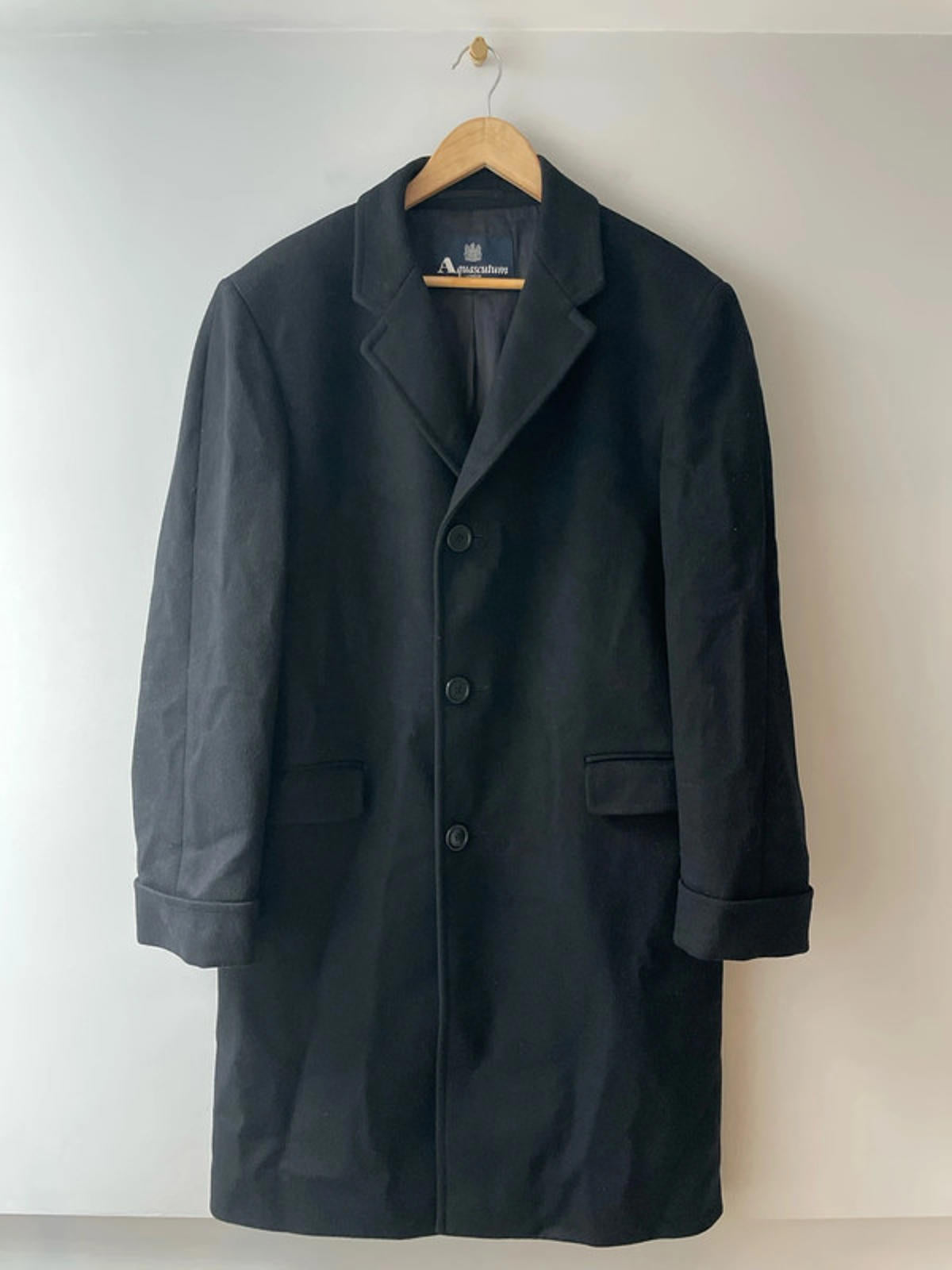 Men’s Aquascutim 100% Wool Single Breasted Trench Coat In Black - Large - 2578