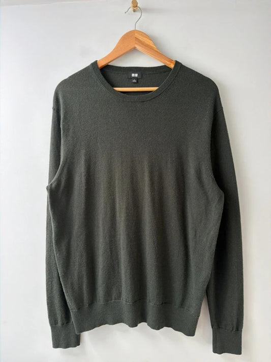 Men’s Uniqlo 100% Merino Wool Crew Neck Long Sleeve Jumper In Dark Green - Large - 3408