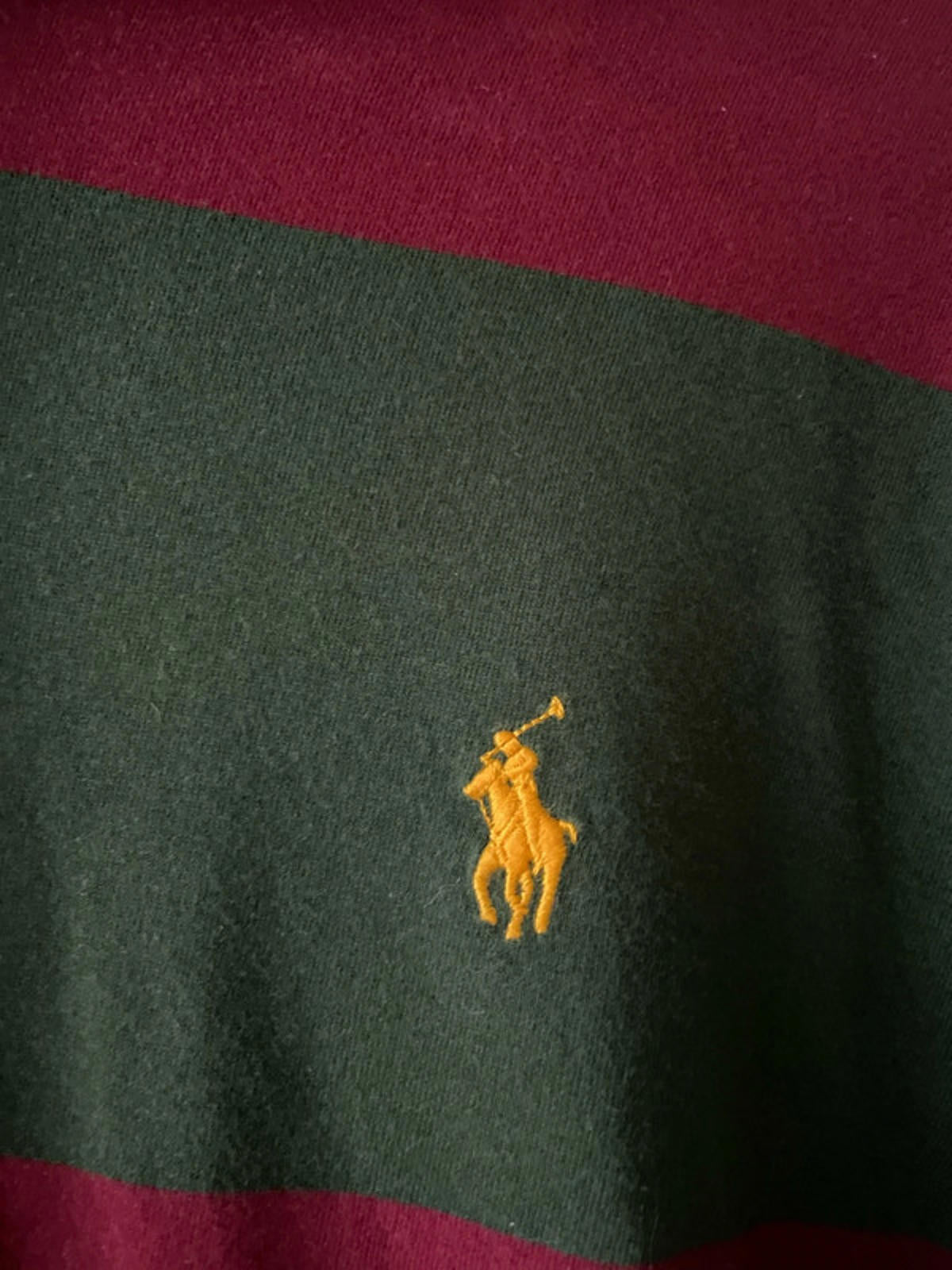 Men’s Ralph Lauren Stripped Hooded Rugby Shirt Top In Burgundy/Green - Medium - 2532