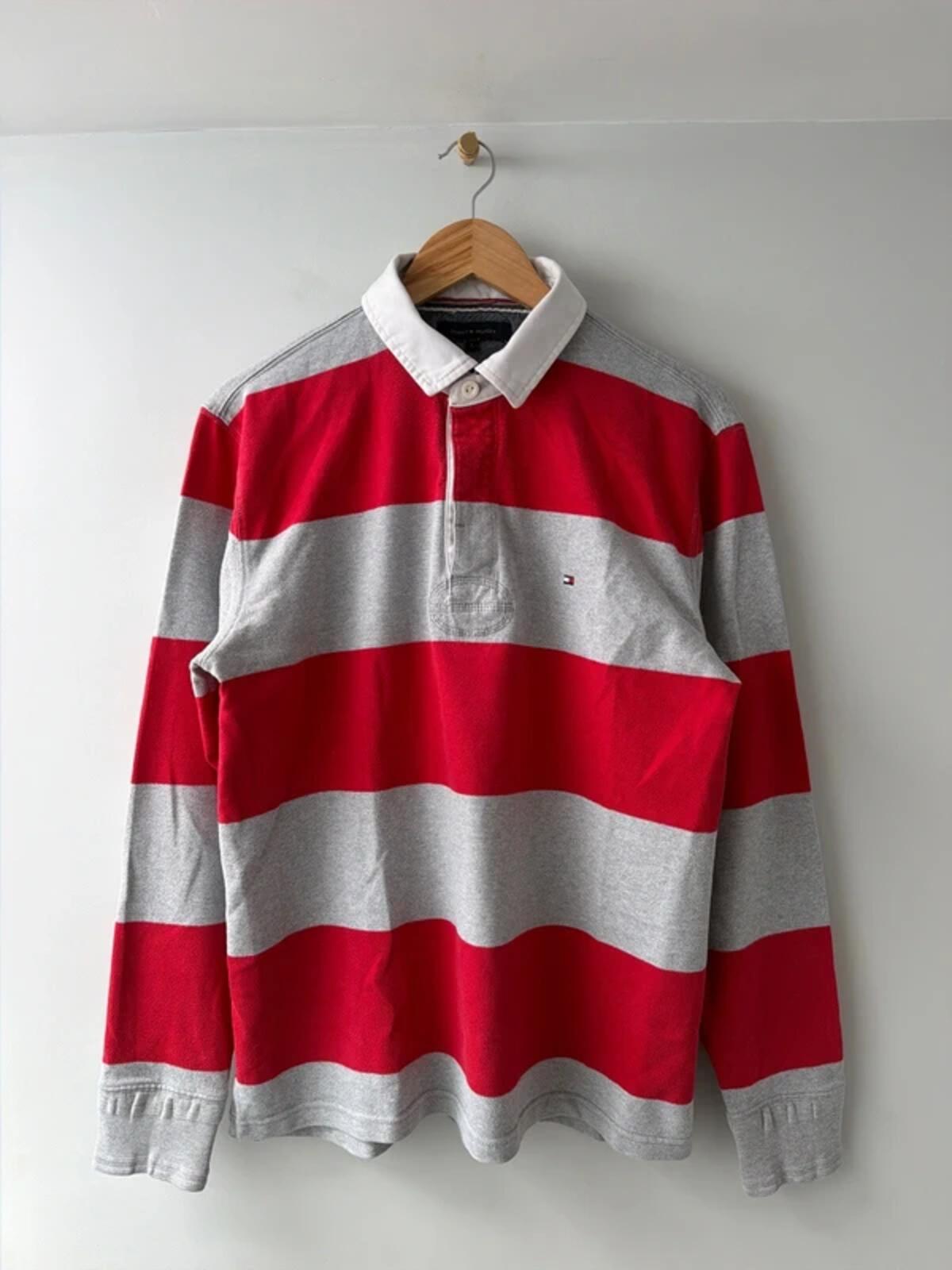 Men’s Tommy Hilfiger stripped long sleeve rugby polo top In red - Large - 3467