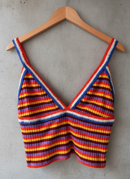 Women’s Zara Striped Knit Cropped Tank Top with Crochet Trim - Large - 3588